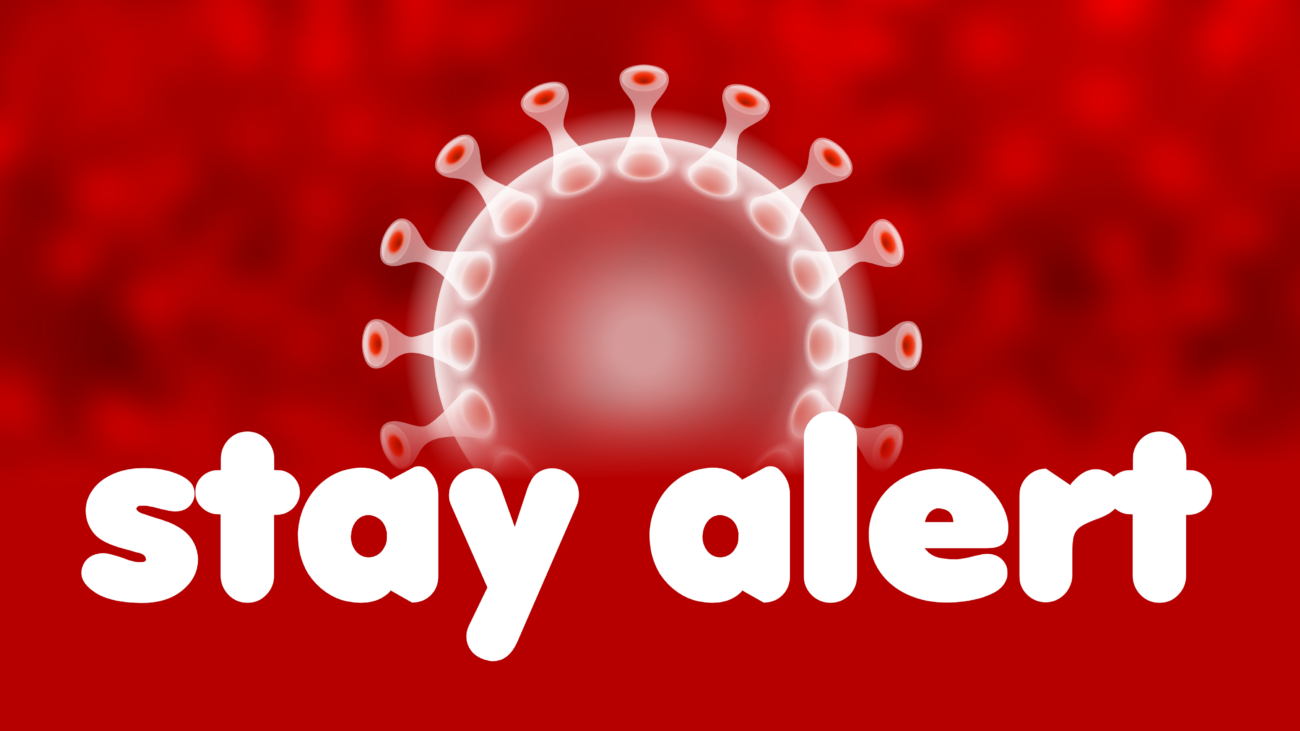 Free image from iXimus.de: STAY ALERT auf roten Hintergrund, mit weißem Coronavirus, Corona, Covid-19, Virus, SARS-CoV-2, #000166